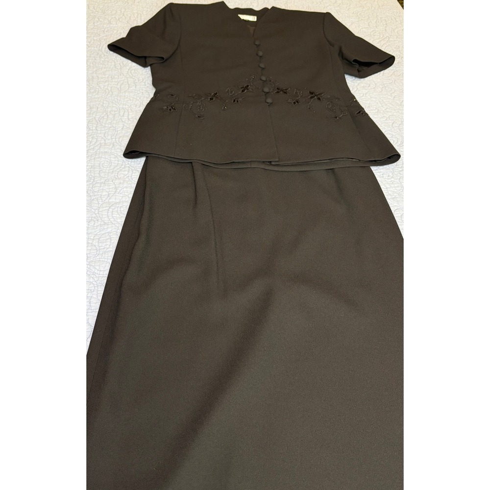 Kasper ASL Women Black Skirt Suit Set Embroidered Beaded Button Front Size 10
